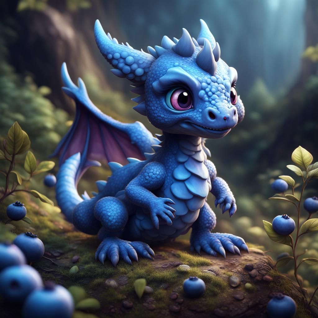 Cute Blueberry Dragon in Detailed Fantasy Art