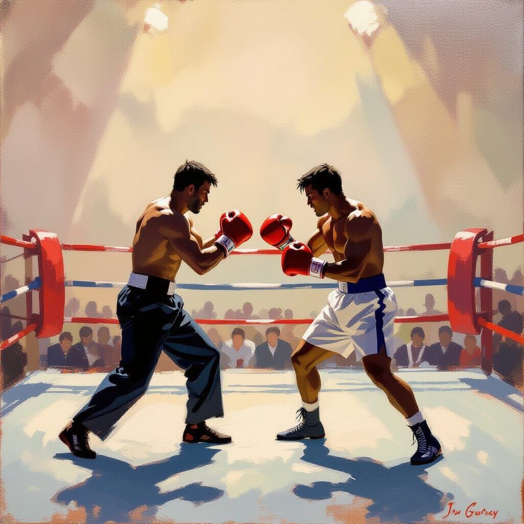 Impressionist Oil Painting of Shadowy Figures Boxing