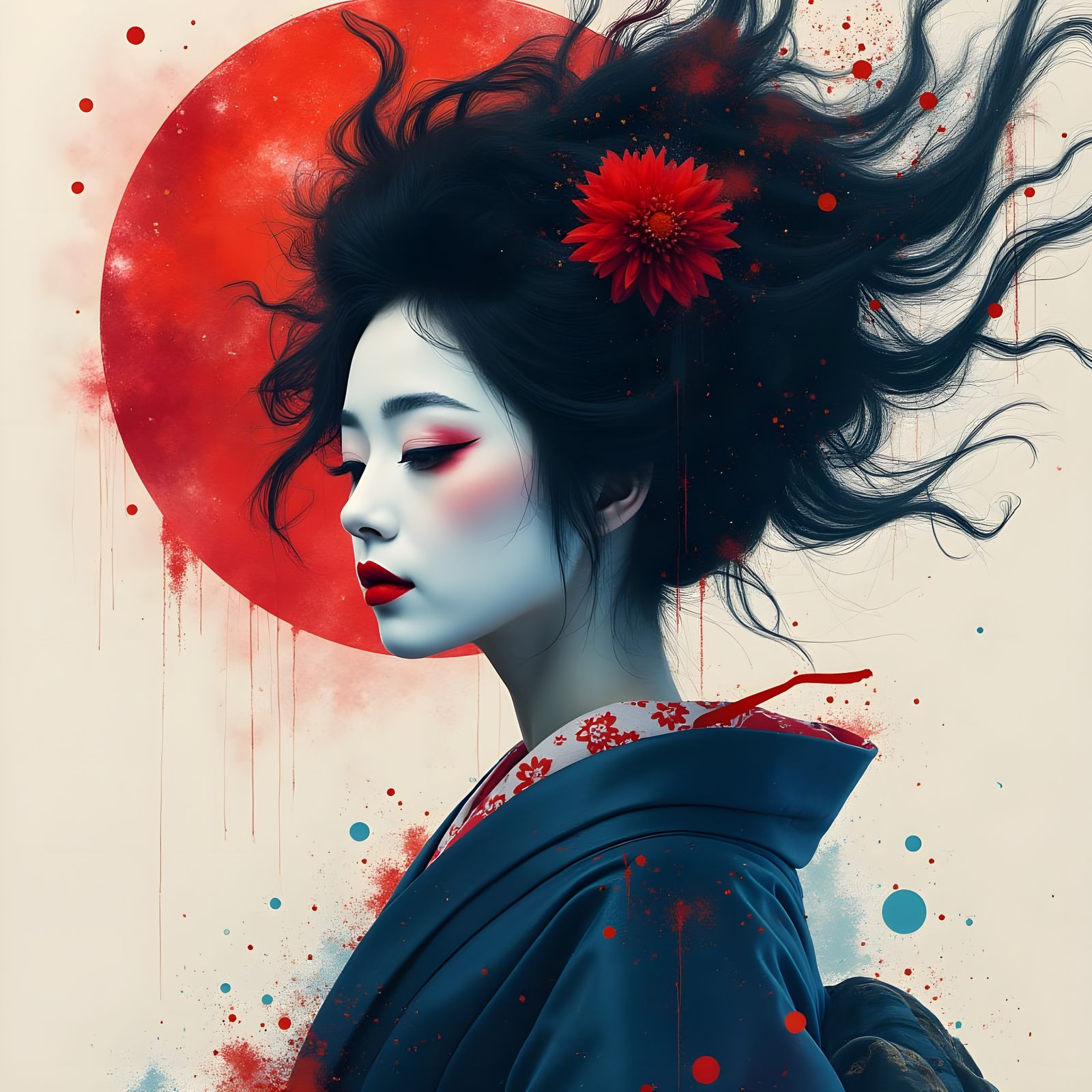 Surreal Double Exposure of a Geisha in Cosmic Grunge