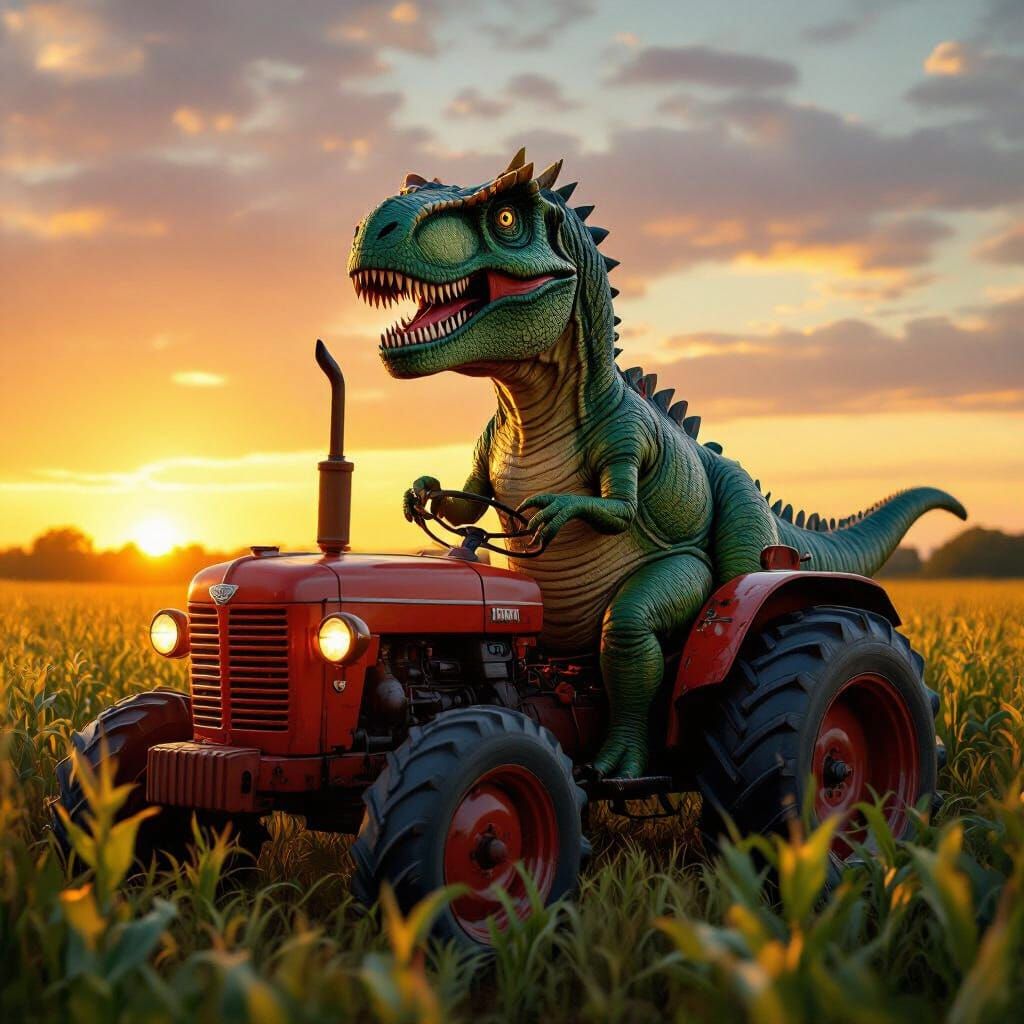 T-Rex Drives Tractor in Cornfield at Sunset