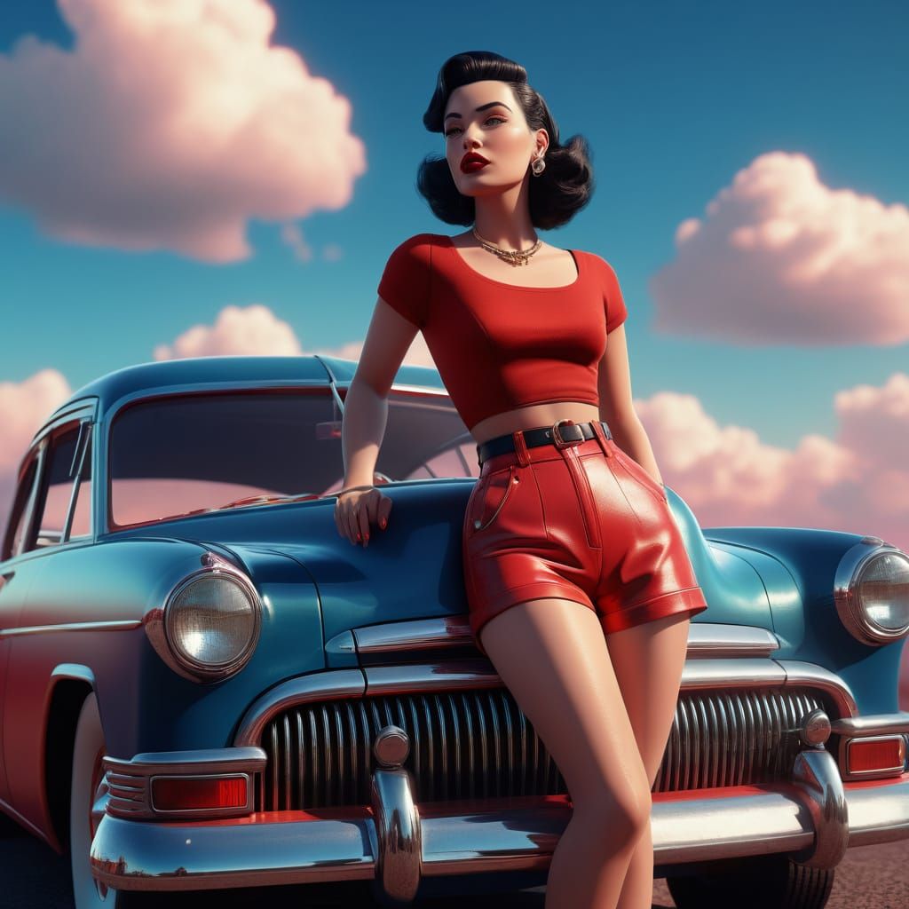 Confident Pinup Girl Leans Against Vintage Chrome Car in Ret...