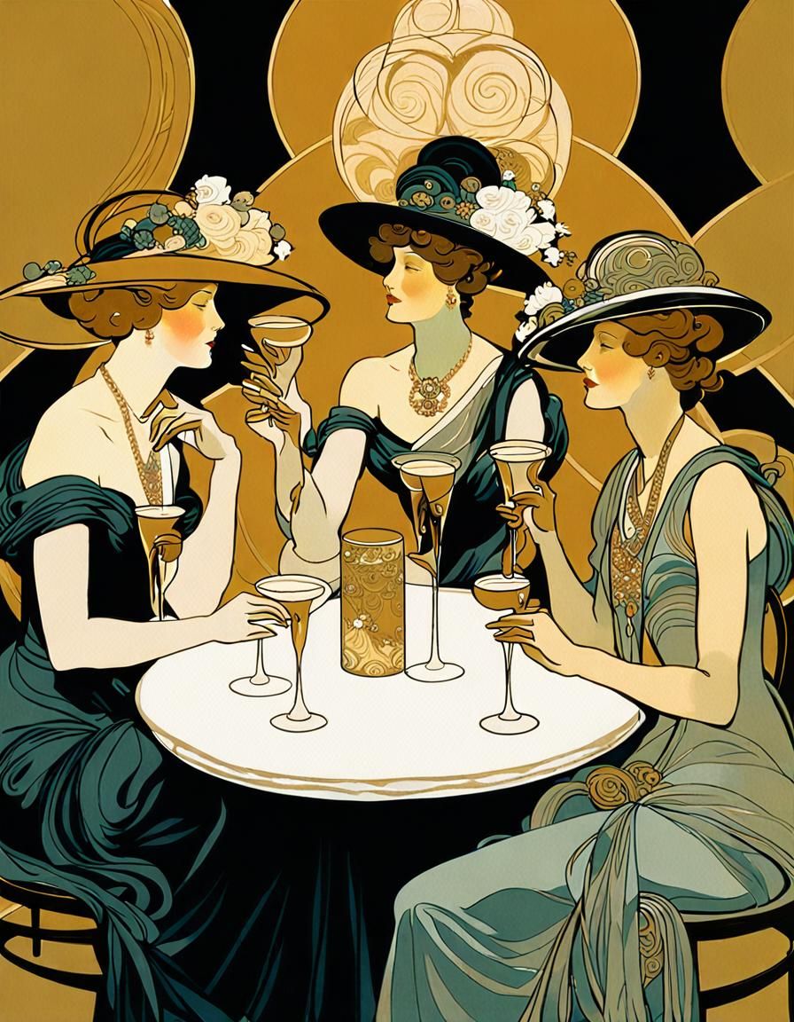 Elegant Ladies Sipping Champagne in Art Nouveau Style