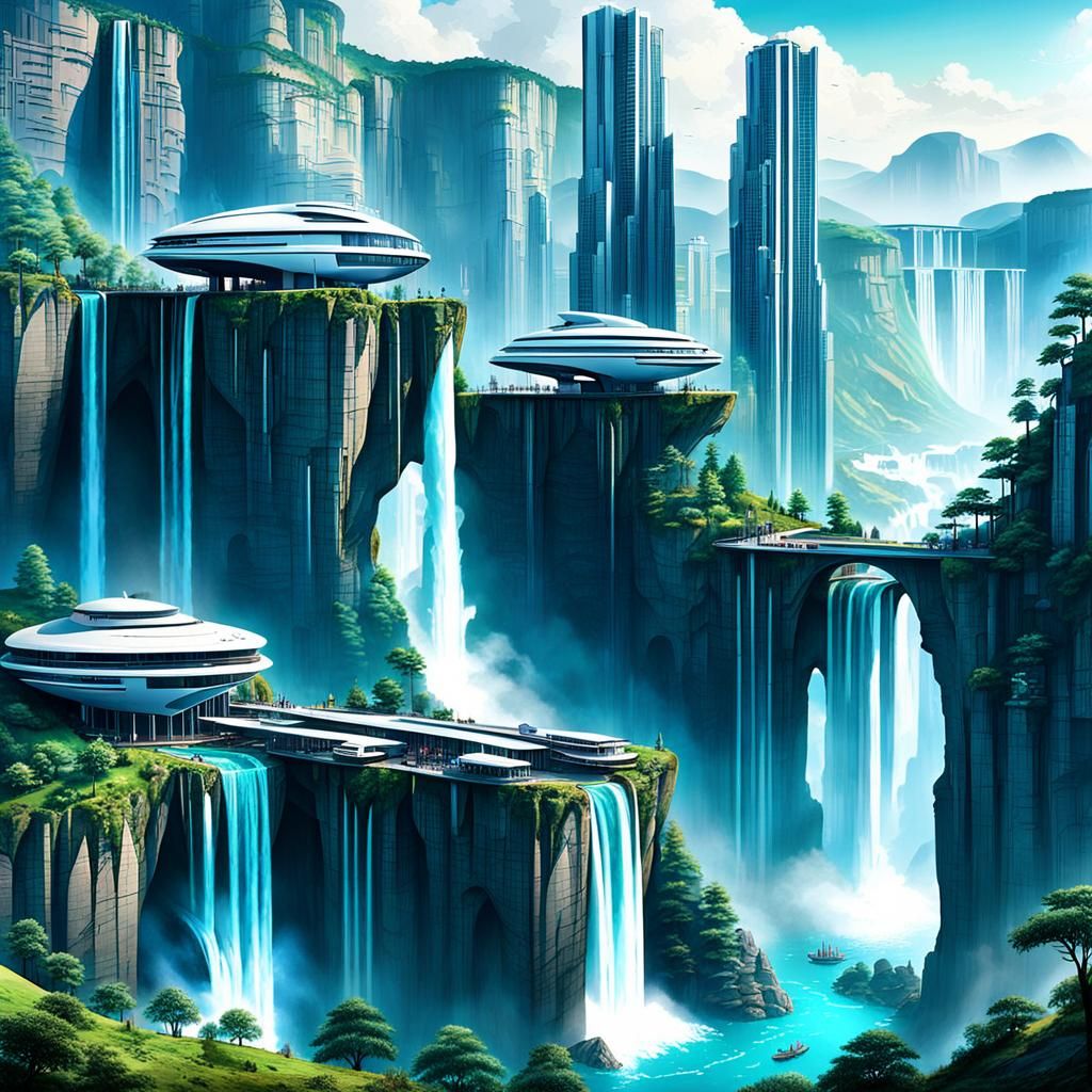 Futuristic Cliffside City with Waterfalls
