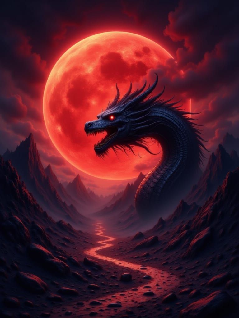 Steampunk Dragon Roars Under Blood Moon Sky