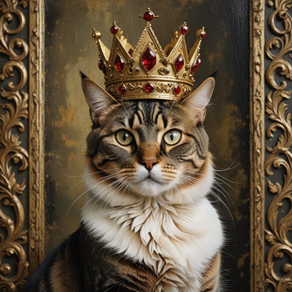 Regal Cat in Golden Crown Renaissance Style