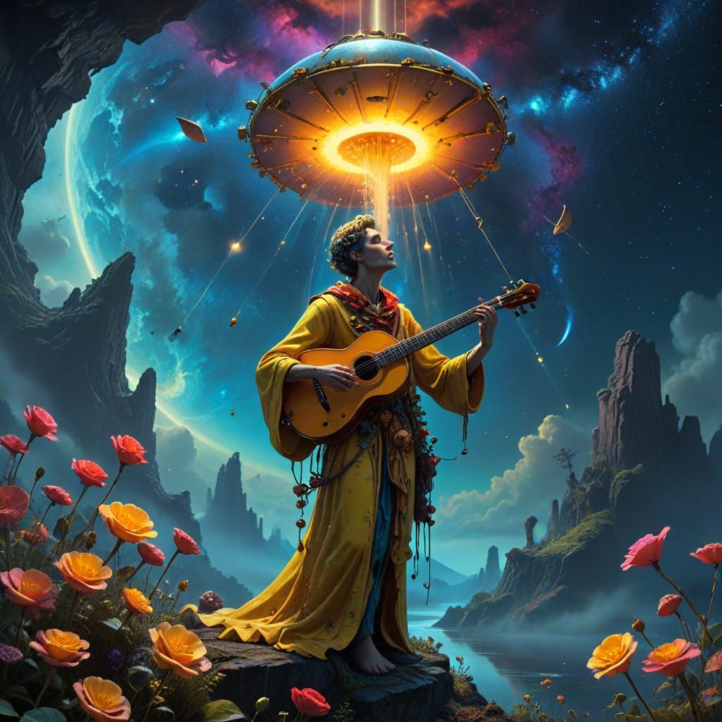 Ethereal Dreamscape with Yellow Submarine and Cosmic Landsca...