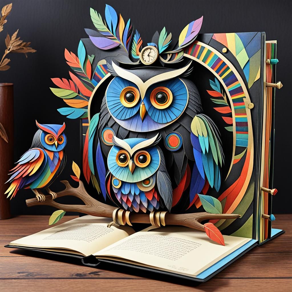 Steampunk Clockwork Owls in Abstract Cubism Style