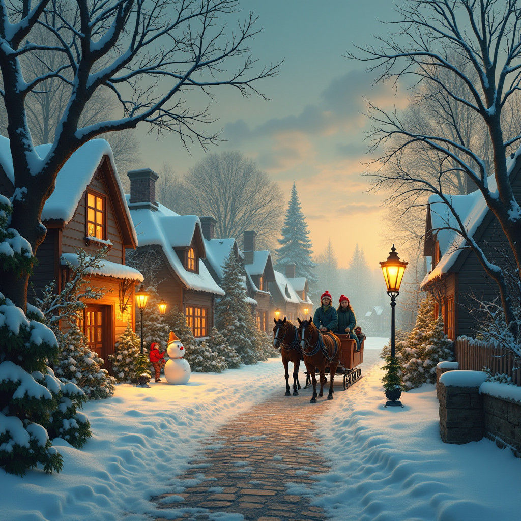 Vintage Holiday Village at Dusk with Horse-Drawn Sleigh and....