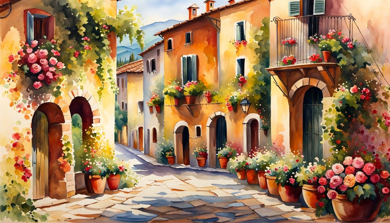 Watercolor Italian Village with Tuscan Hills
