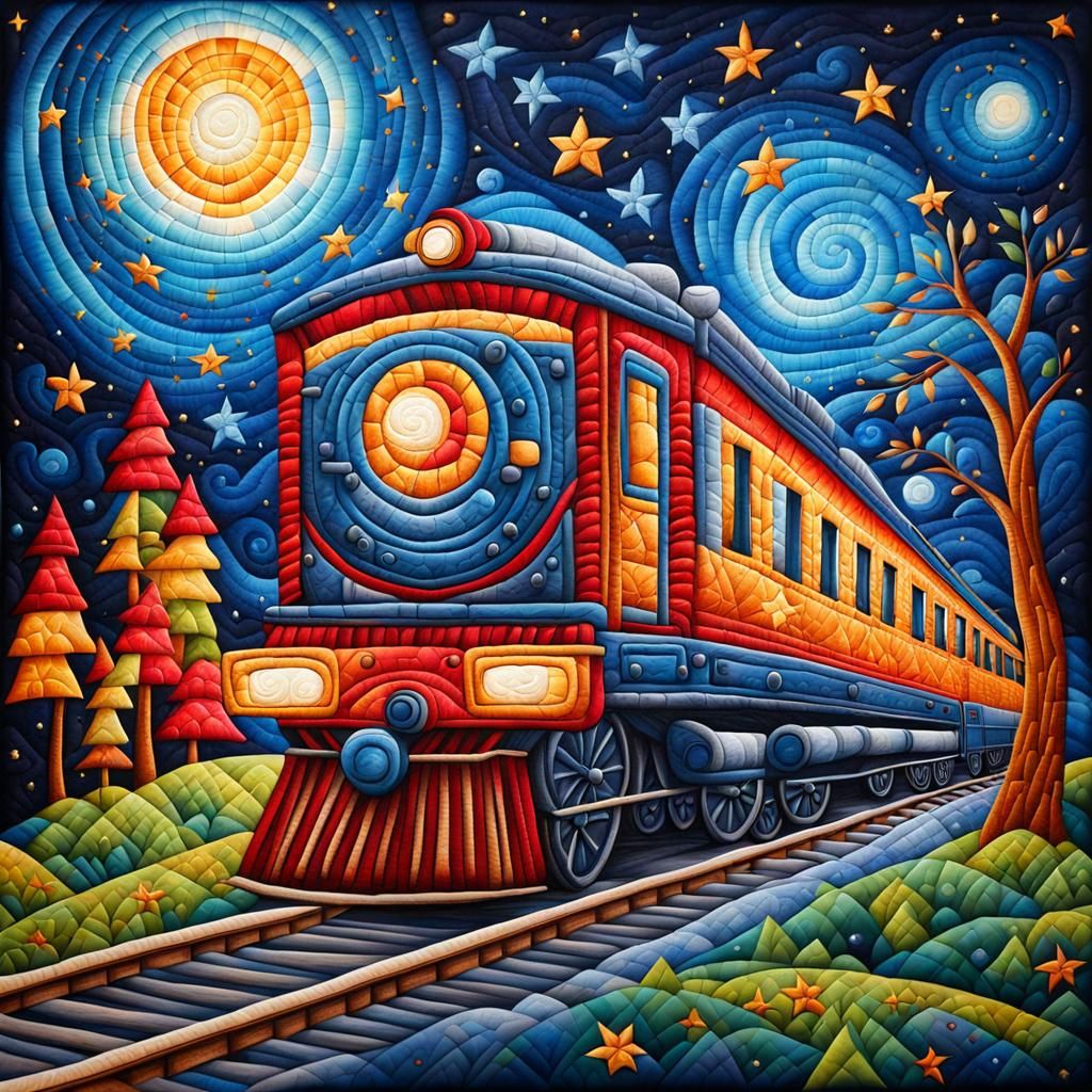 Quilted Train Under Starry Sky, Textile Art