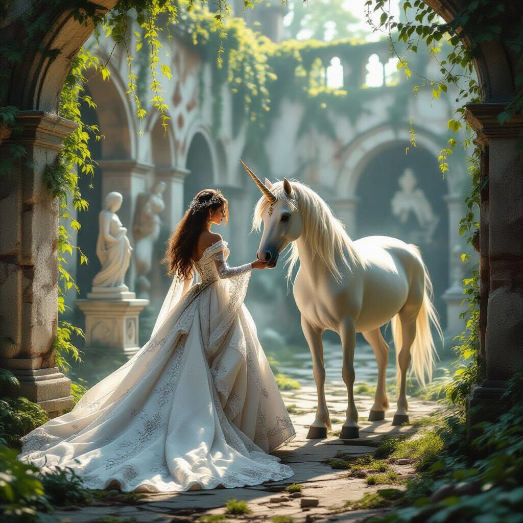 Ethereal Princess Leads Unicorn in Abandoned Courtyard