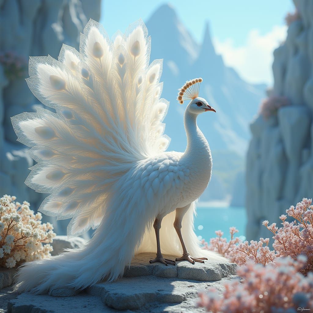 Iridescent Peacock in Crystalline Mountain Landscape