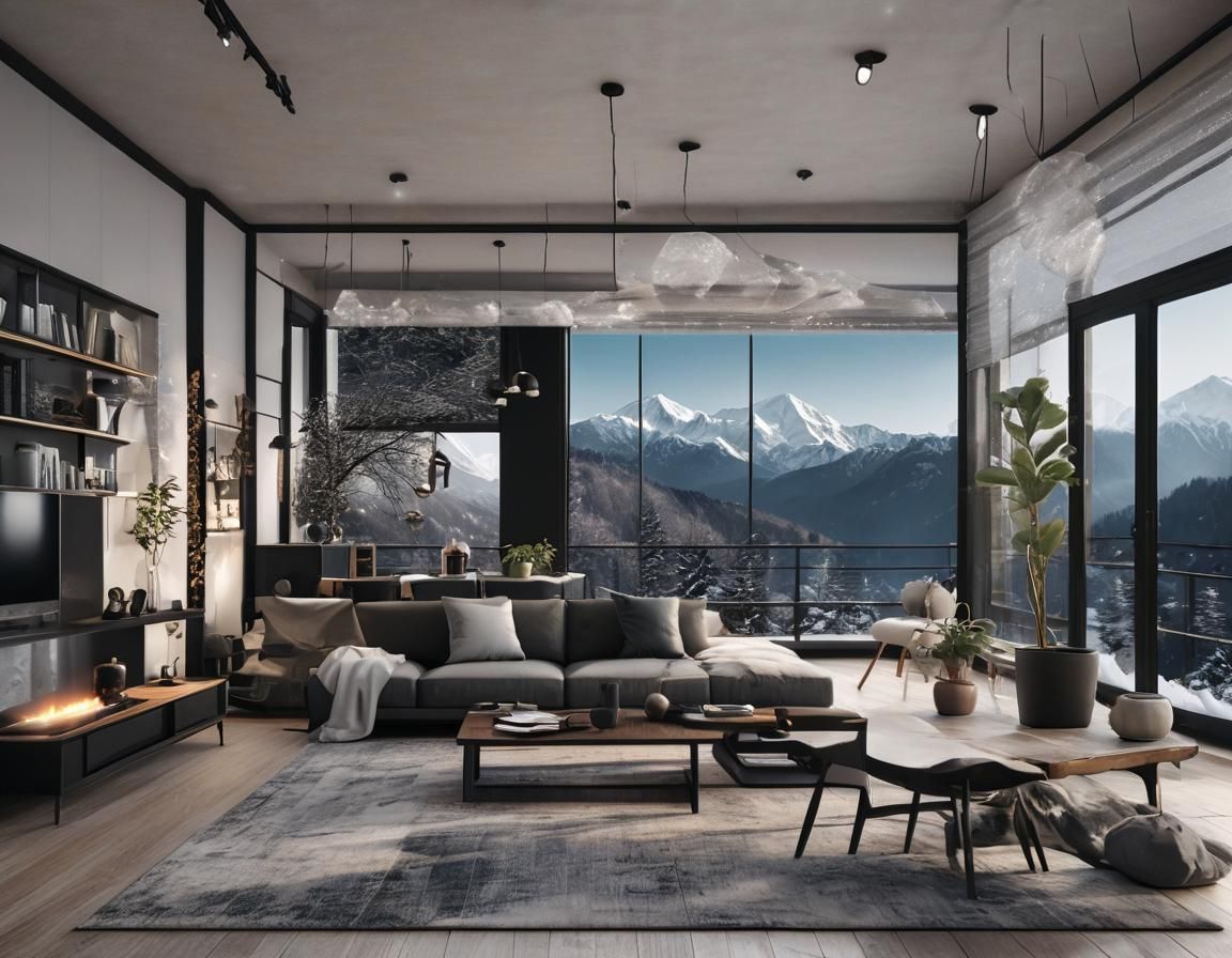 Aesthetic Black Living Room with Mountain View