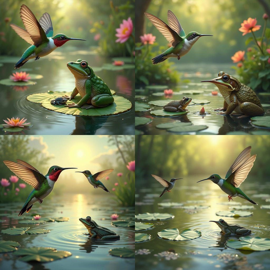 Mother Hummingbirds Soar Over Serene Pond with Lily Pads and...