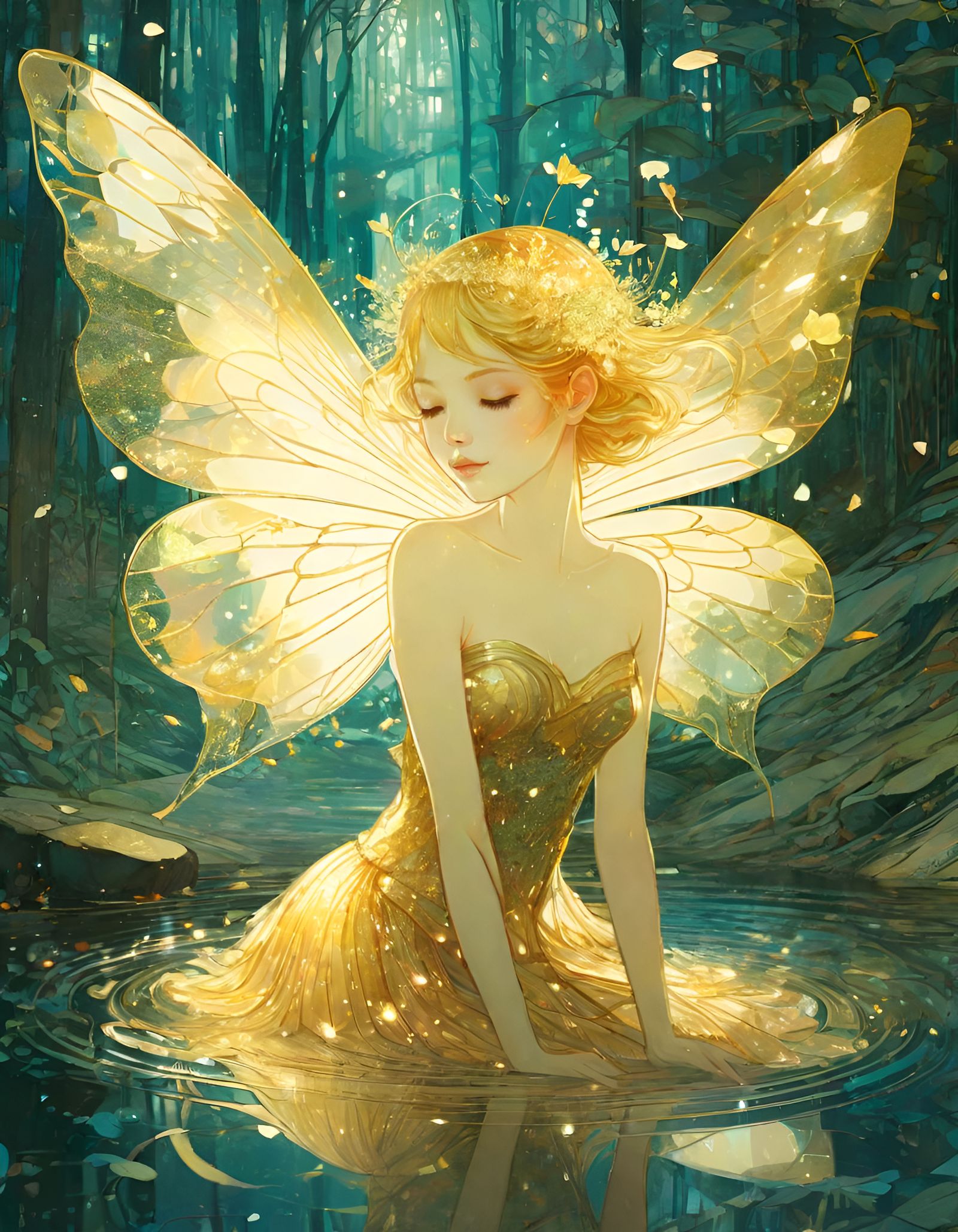 Golden Fairy Double Exposure in Anime Style