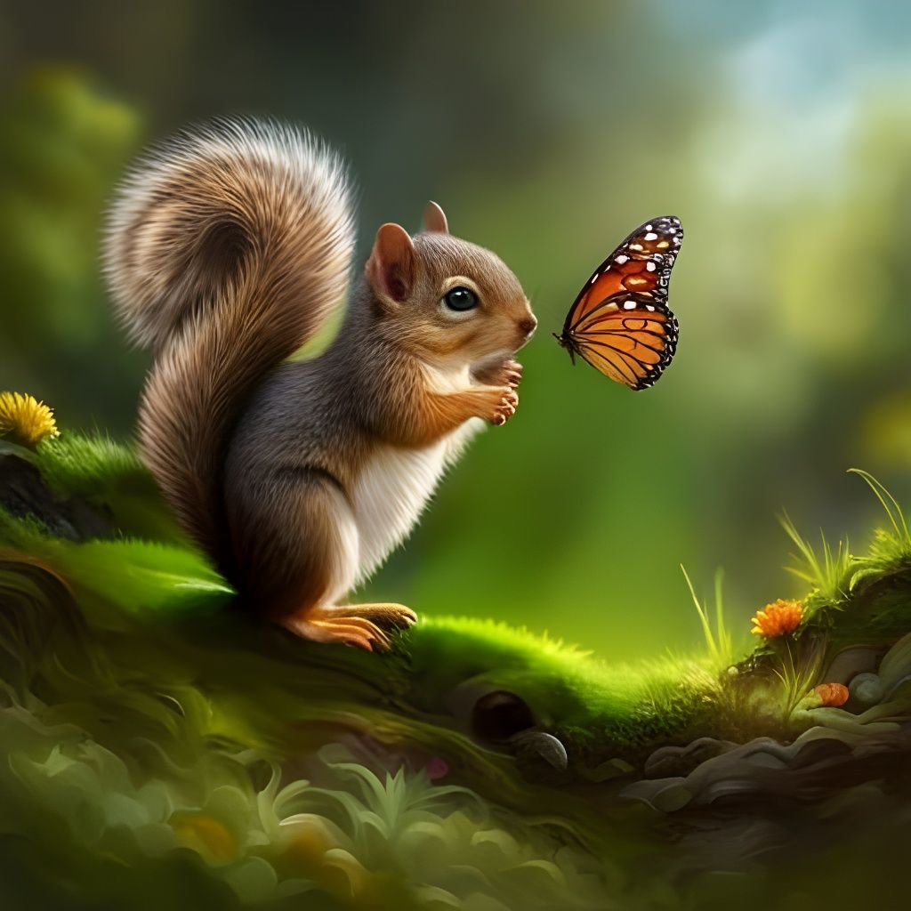 Squirrels Chase Butterfly: Hyperrealistic Splash Art