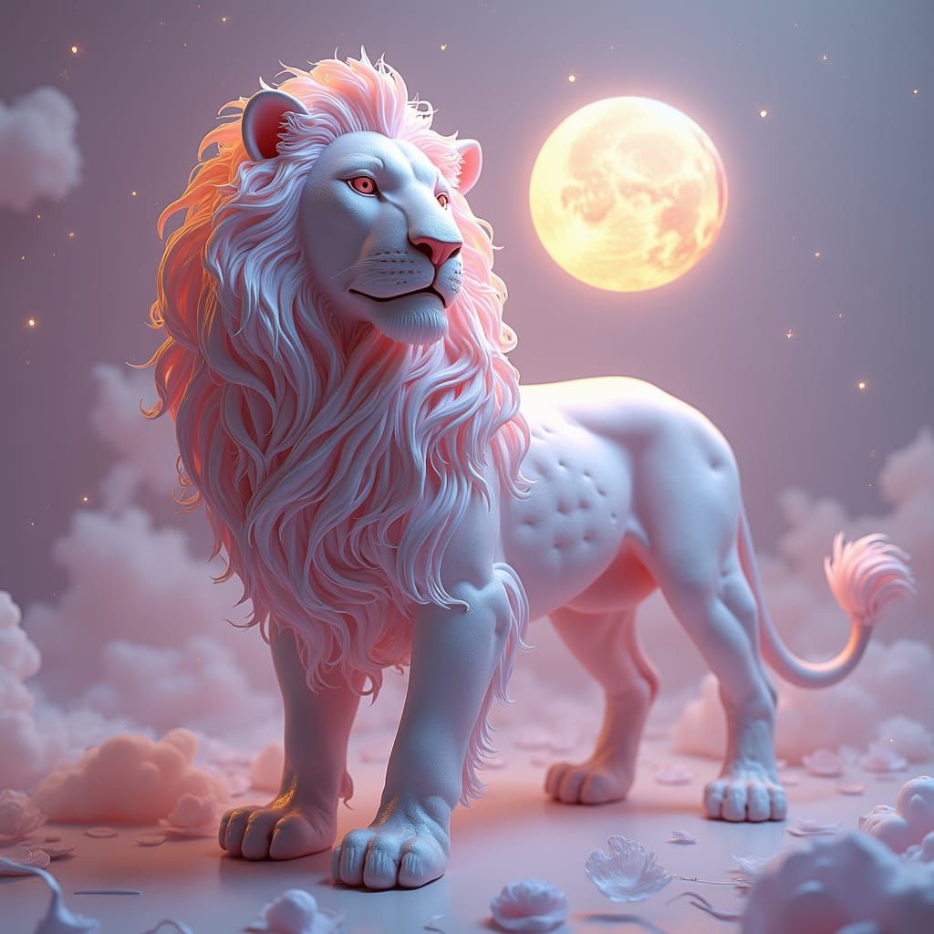 Majestic Lion in Dreamy, Celestial Realm with Lavender and R...