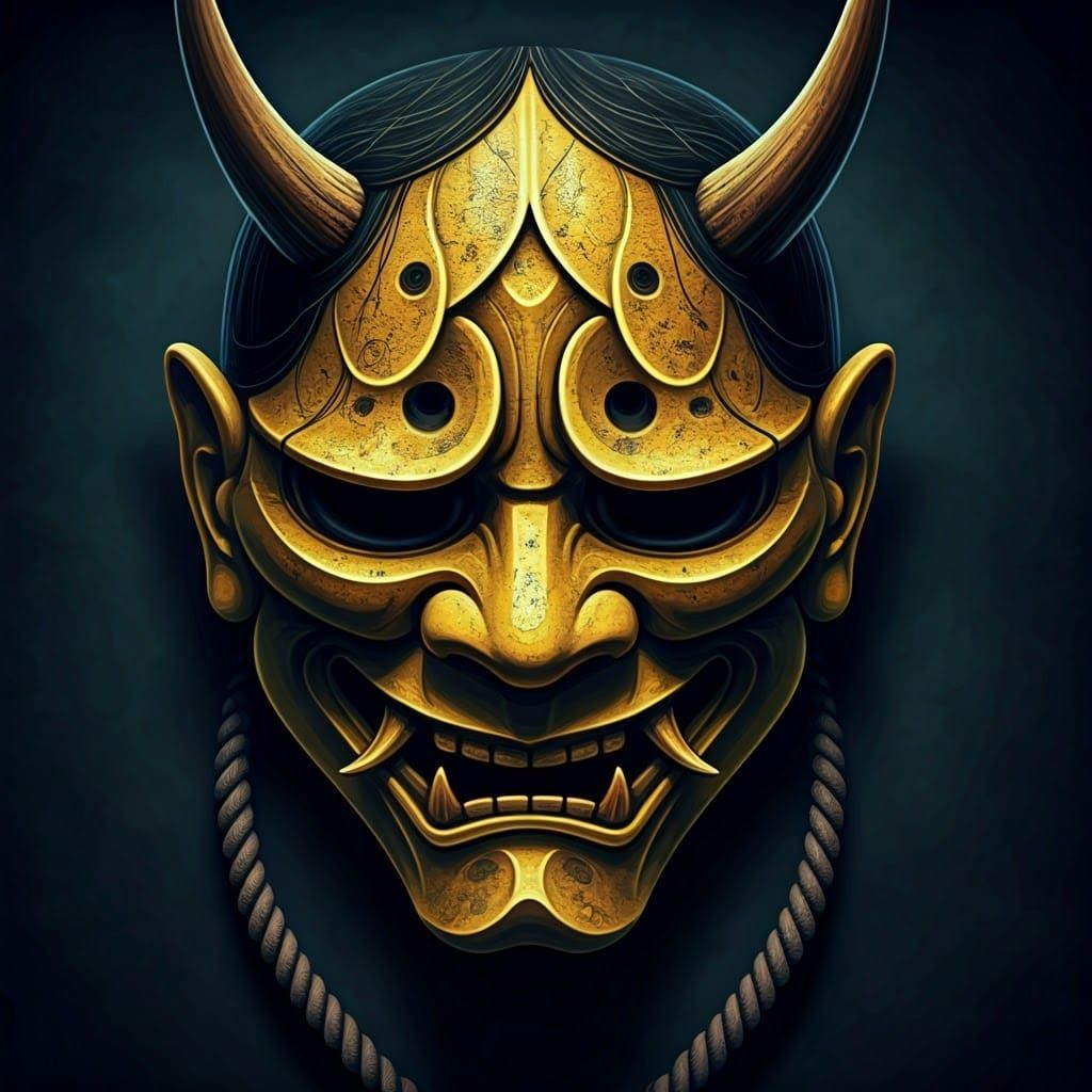 Ancient Yellow Oni Mask in Dramatic, High-Contrast Setting