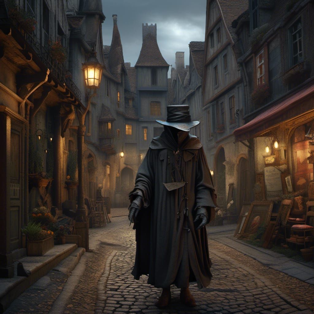 Plague Doctor in Medieval Street: Horror Art