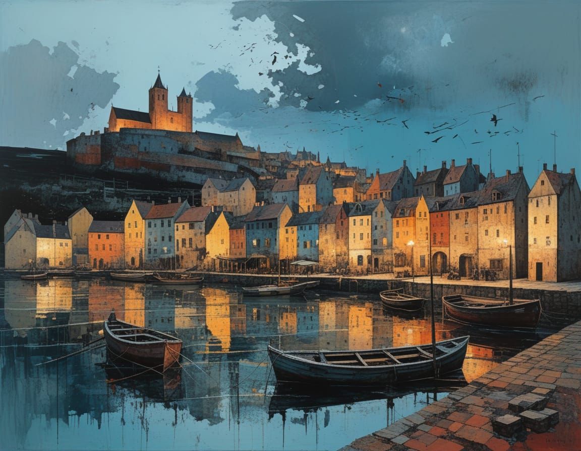 Medieval Island Port at Sunset, Inspired by Masters