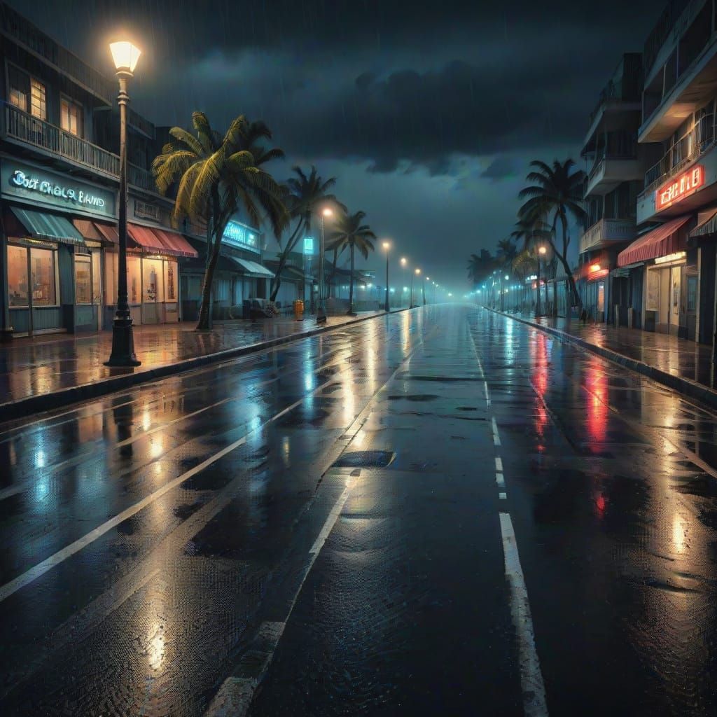 Mysterious Seaside Boulevard Under Midnight Rain