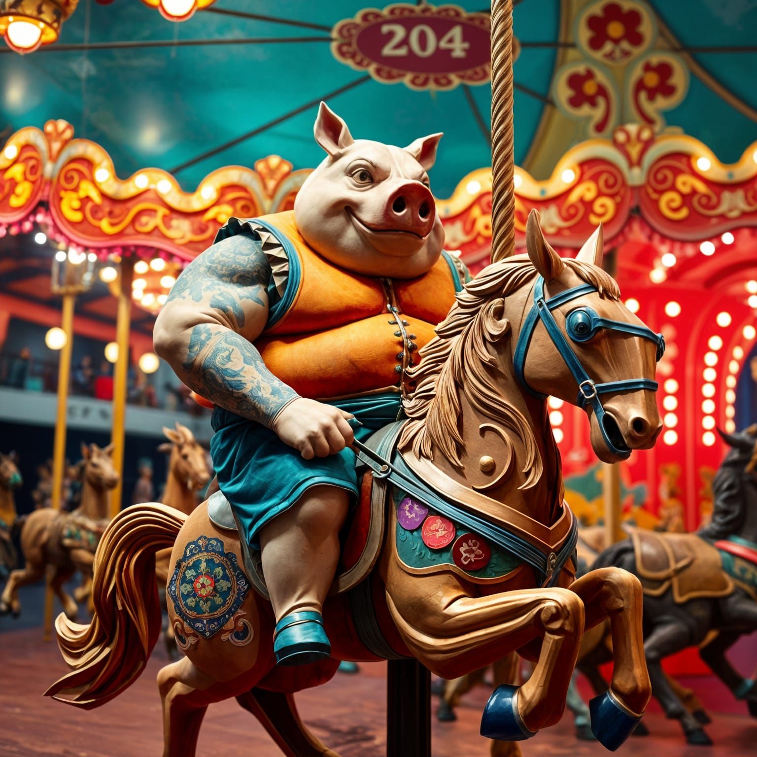 Origami Carousel Scene with Pig-Headed Man