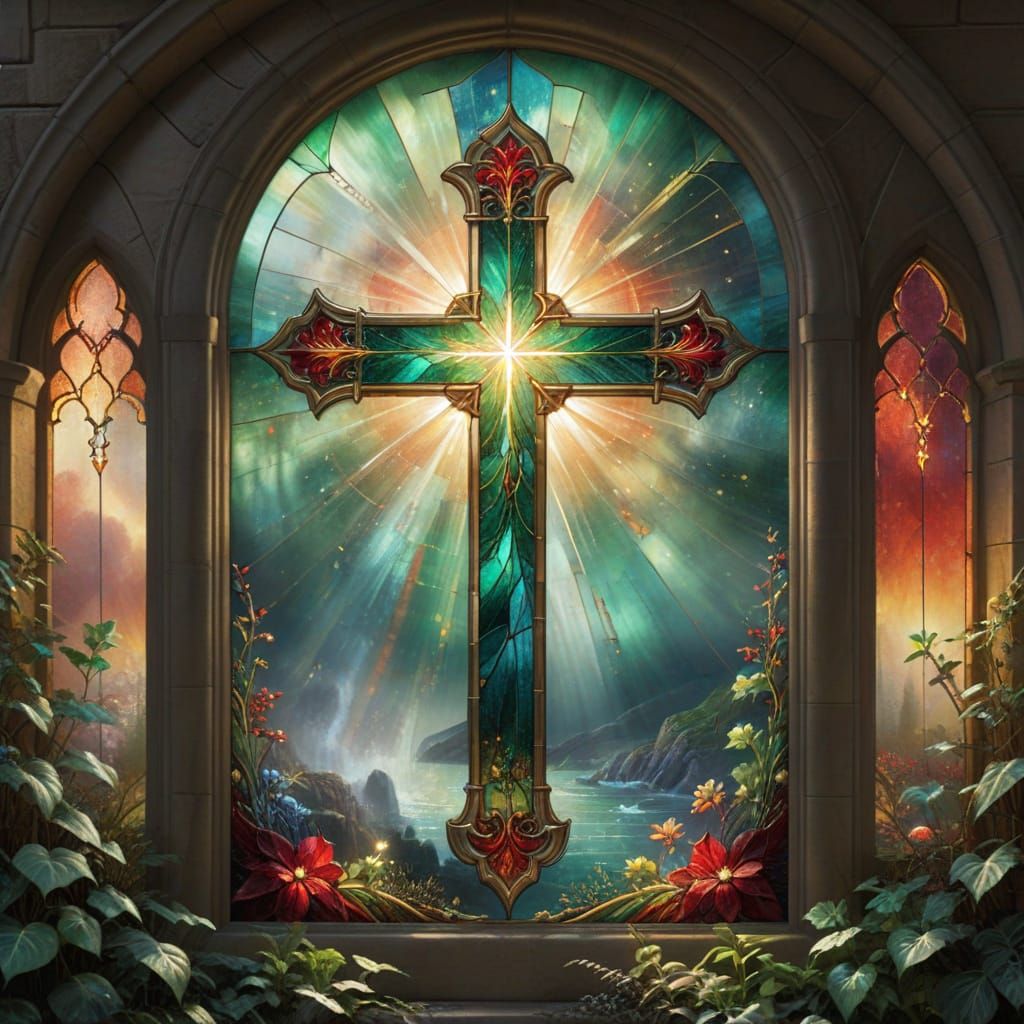 Ethereal Stained Glass Cross Window in Mist