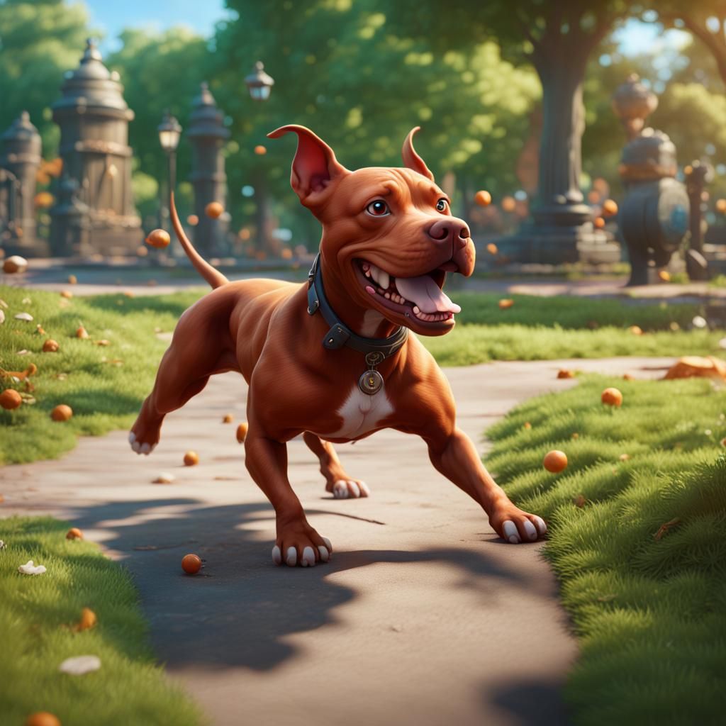 Disney Pixar style two Red nosed pitbull very very cute playing in the park on a bright sunny day