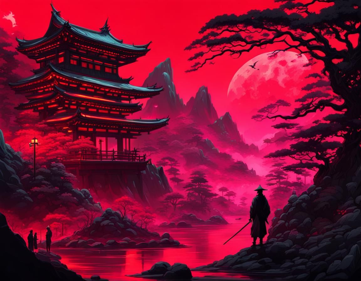 Japanese Fantasy Landscape Concept Art with Neon Lights