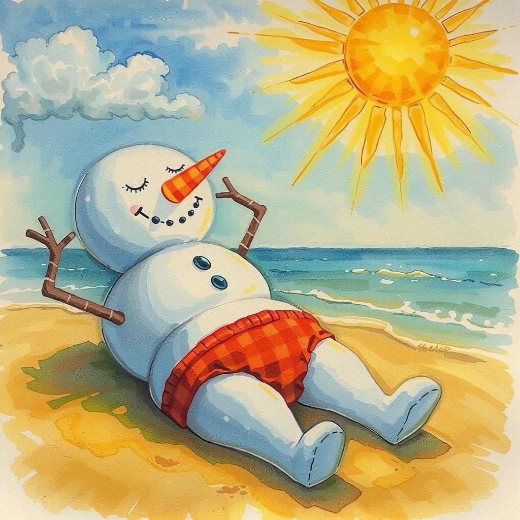 Snowman Enjoys Sun on Beach in Speedos as Watercolor