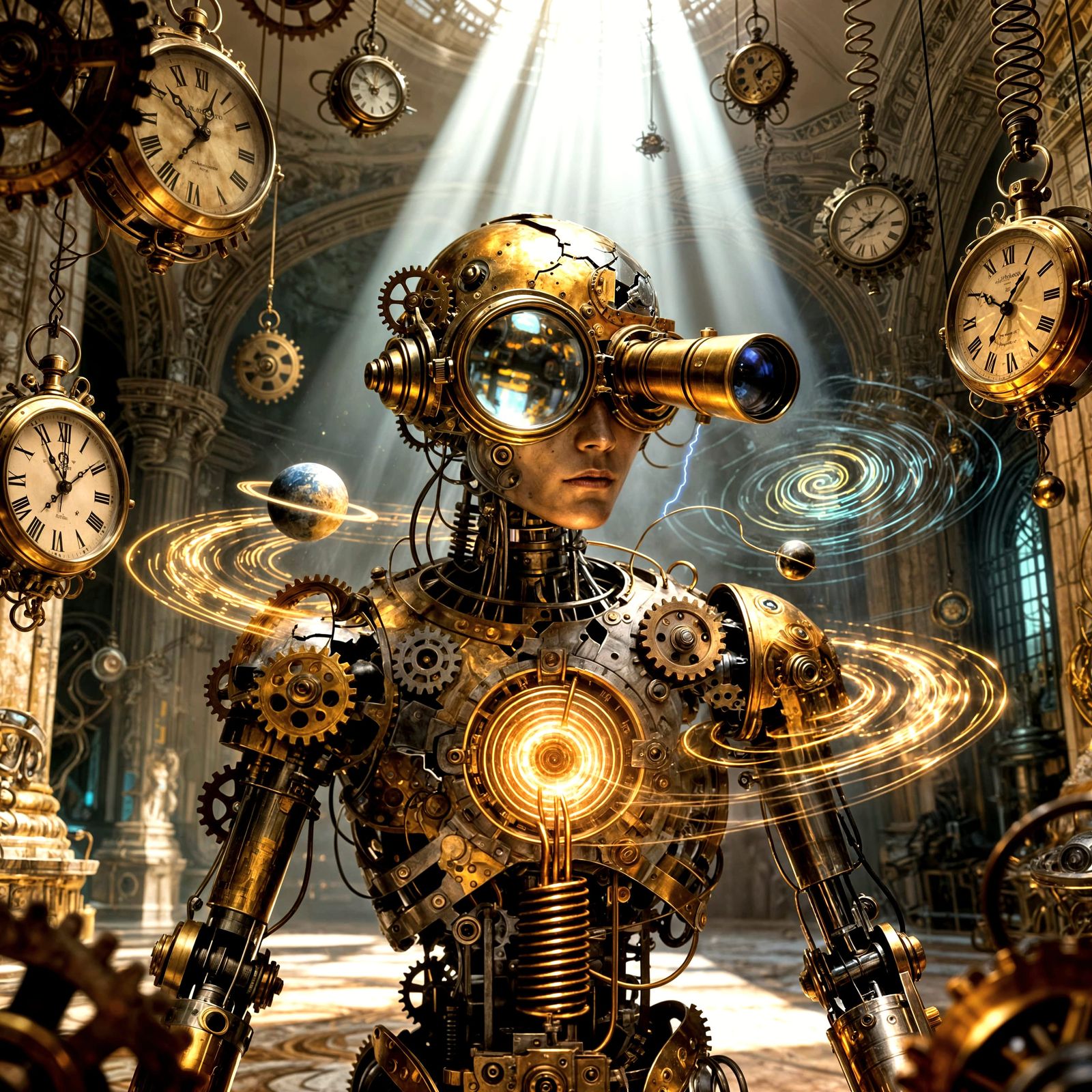 Animatronic Timekeeper in Surreal Chronomechanical Hall