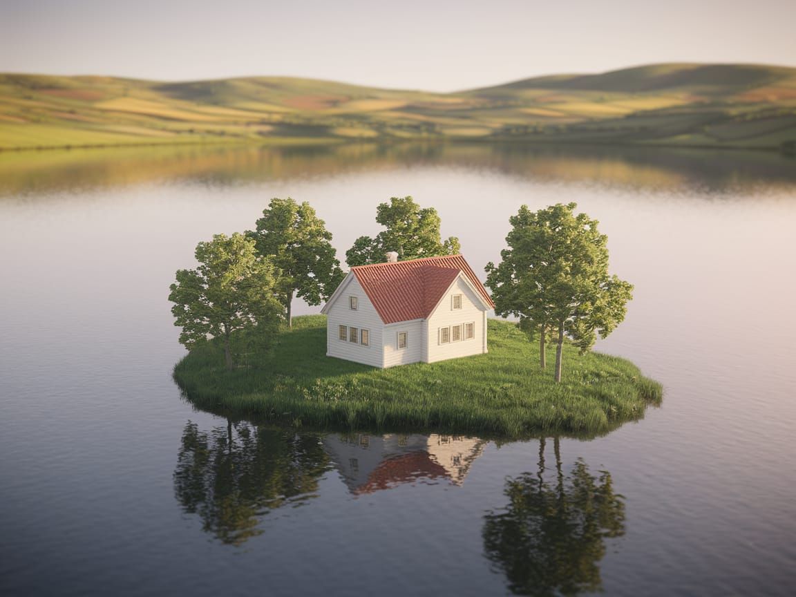 Island House in Lake: Photorealistic Aerial View