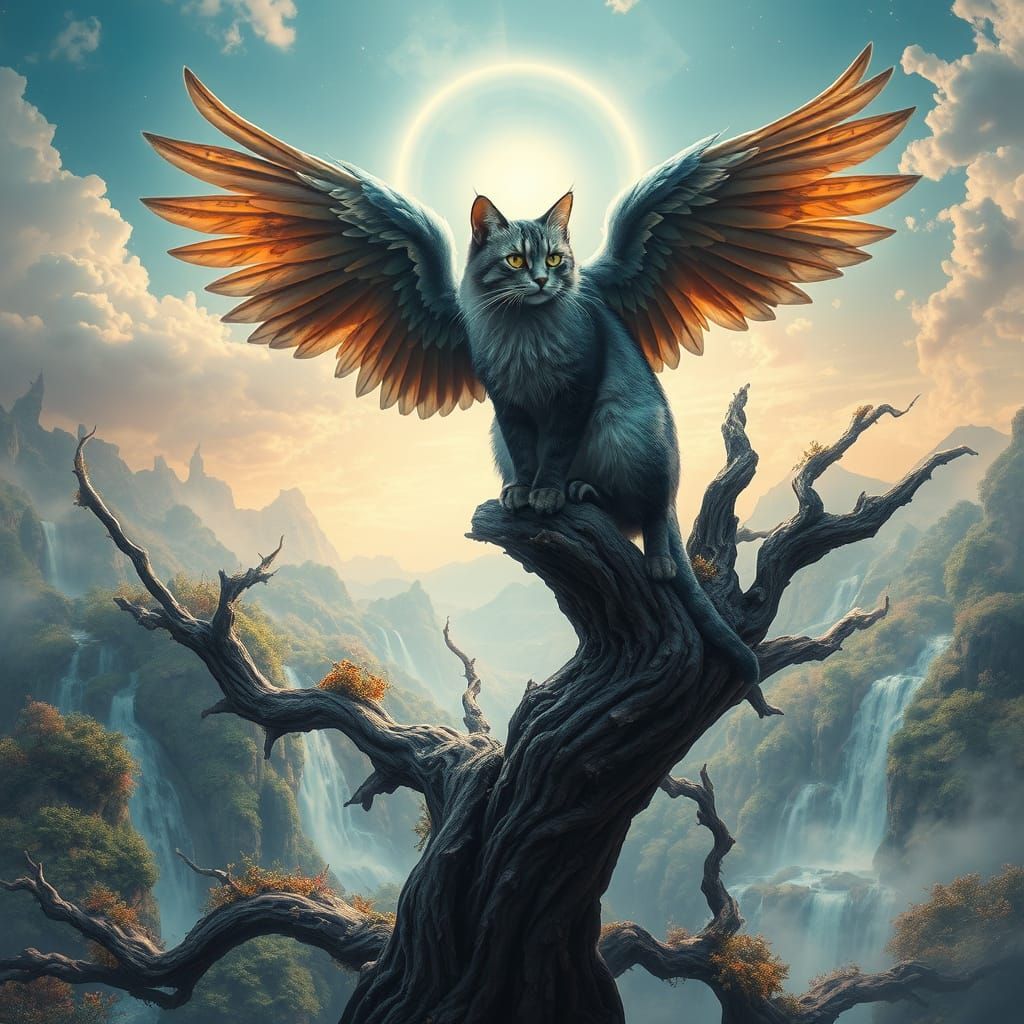 Majestic Winged Cat in Enchanted Forest Landscape