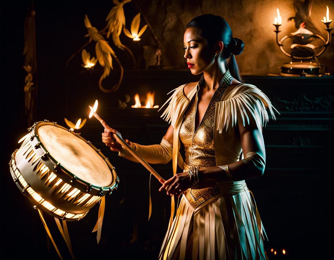 Woman Invites Spirits with Drum in the Dark