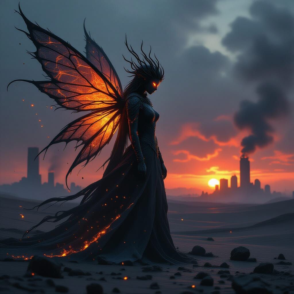 Ash Fairy Born From Burning Tree in Dark Fantasy Style