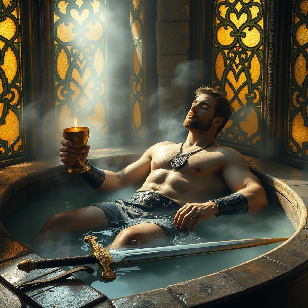 Warrior's Serene Surrender in Stained Glass Light