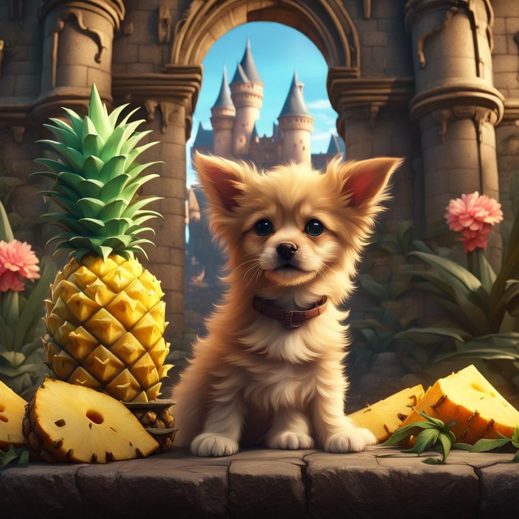 Puppy and Kitten Pineapple Castle: Fantasy Art