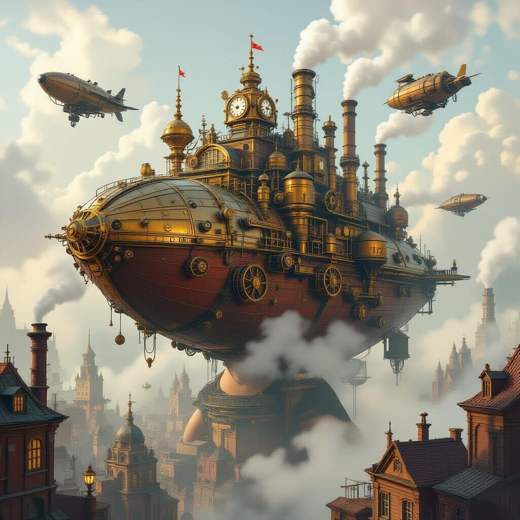Steampunk City on Giant Woman, Airships in Smoggy Sky