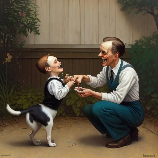 Puppy and Toddler in Backyard, Americana Painting