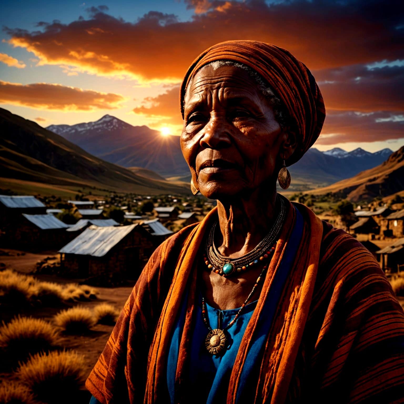 Hyperrealistic Lesotho Woman at Sunset