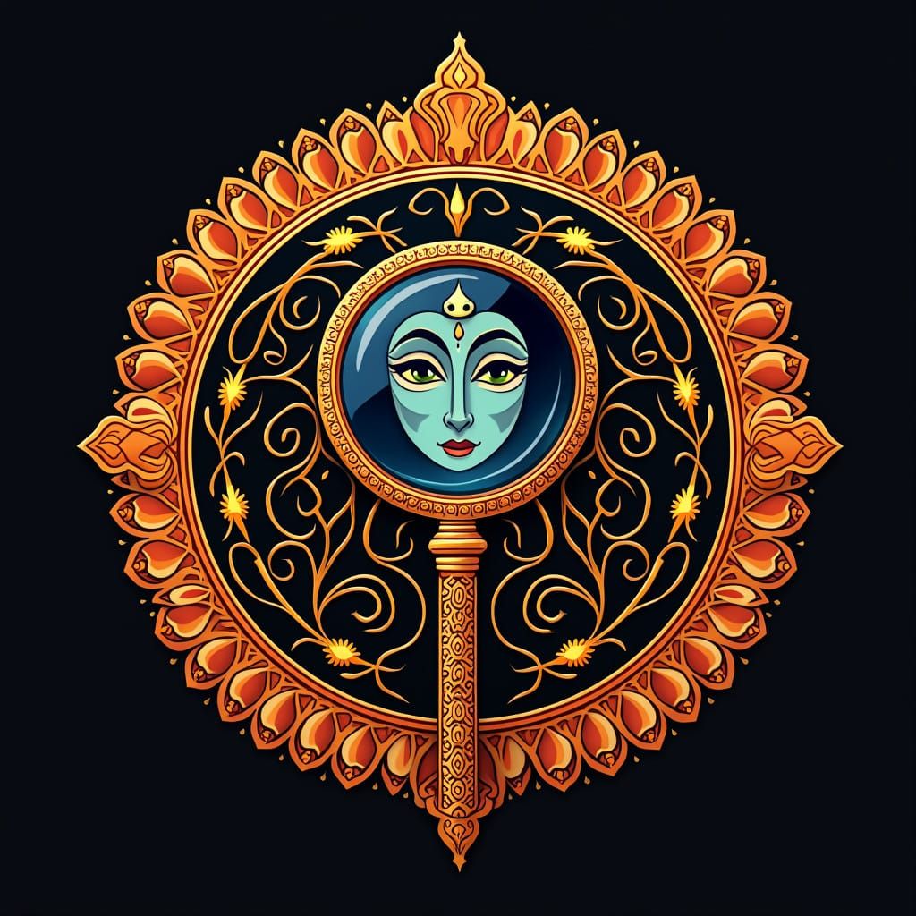 Intricate Magnifying Glass Logo in Traditional Indian Style