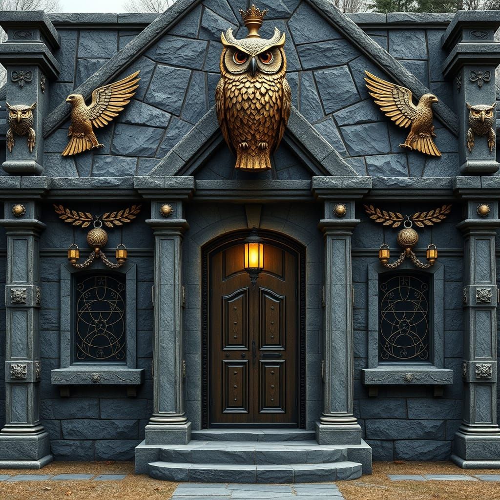 Ornate Stone Cabin with Owl Motifs in Dark Fantasy Style
