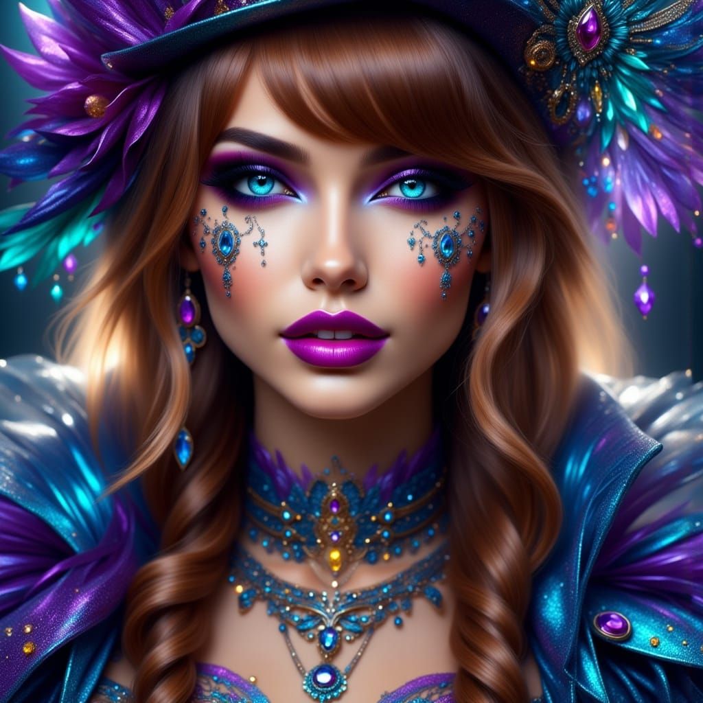 Hyper-Realistic Steampunk Goddess in Vibrant Purple and Blue