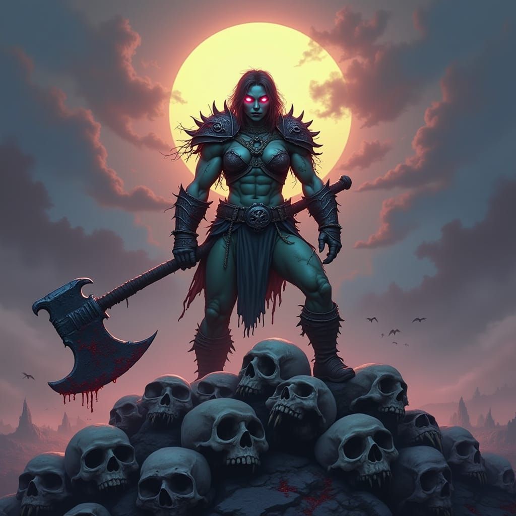 Orc Warrior on Skull Mountain in Dark Fantasy Style