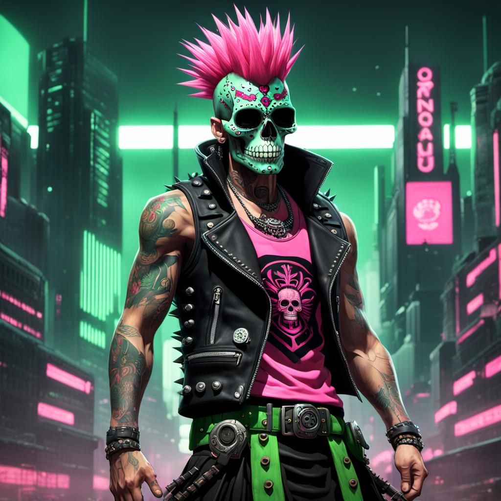 Cyberpunk Sugar Skull with Pink Mohawk, Detailed Painting