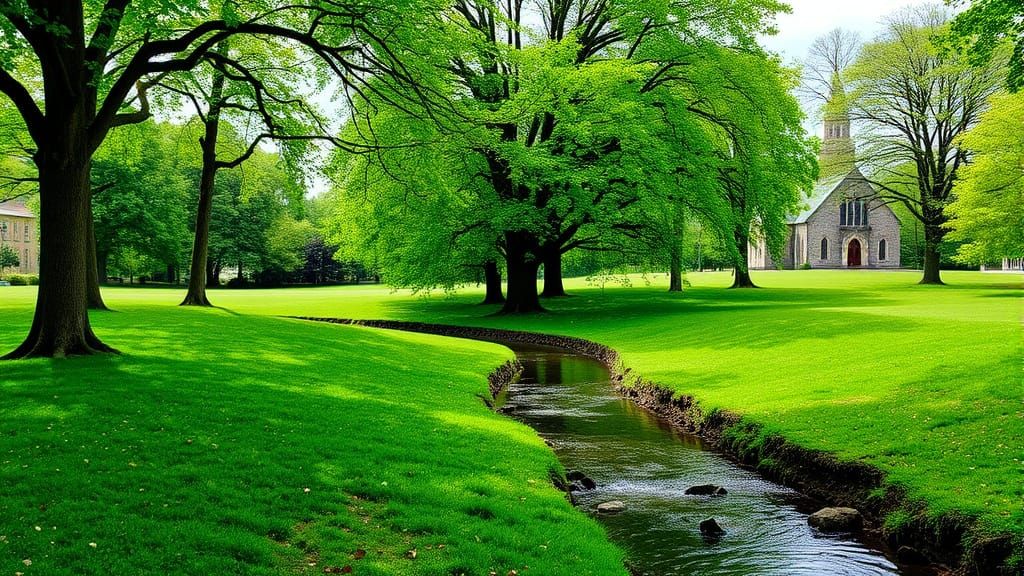 Idyllic Church Scene by Stream