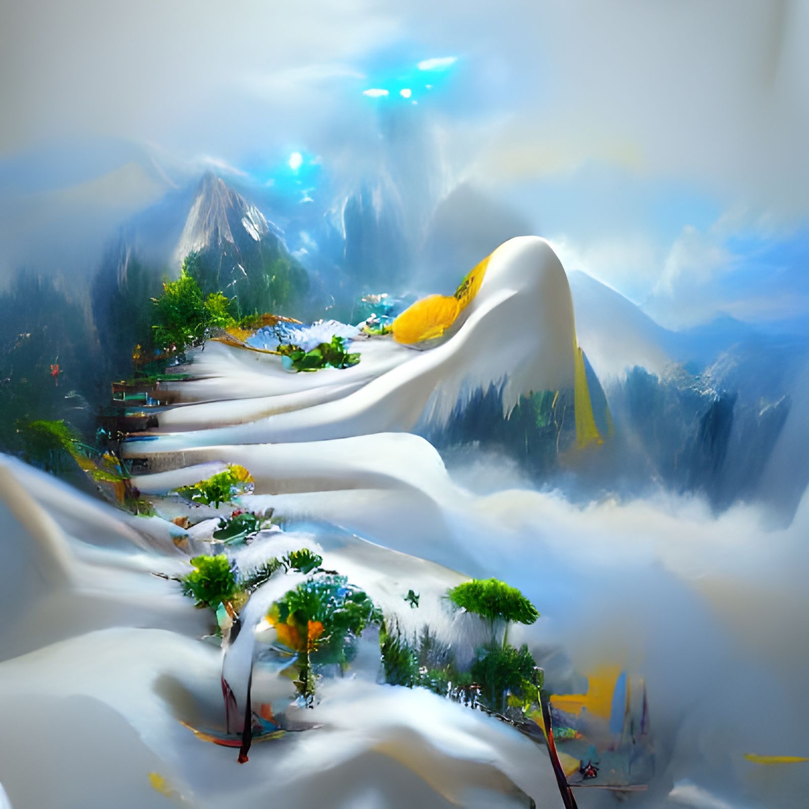 Snowy Mountain Path in Cyberpunk Fantasy Style