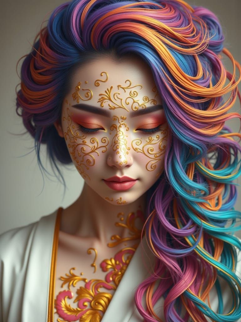 Realistic Portrait of Woman with Rainbow Hair in Keum-boo St...