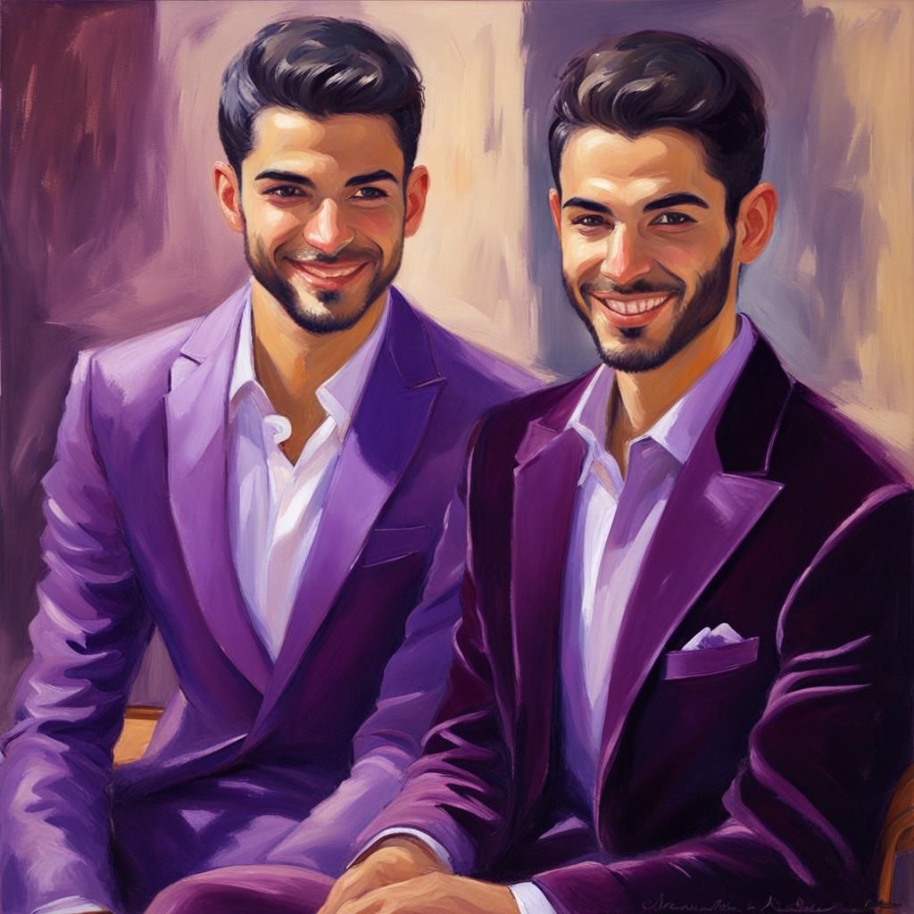 Gay Couple in Purple Velvet Suits, Impressionist Oil Paintin...
