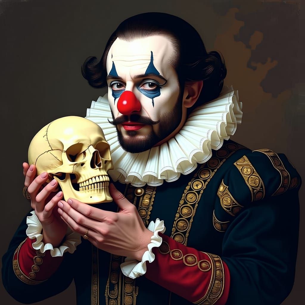 Shakespeare as Hamlet With Clown Nose and Skull
